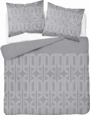 A bedding set with two pillowcases and a duvet cover, laid out on a white surface.