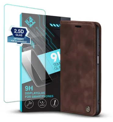 Produktbild von Handy Hülle für Samsung Galaxy A13 5G mit 9H Displayglas Klapphülle Bookcase Flip Cover Handy Tasche Etui Farbe: Dunkelbraun