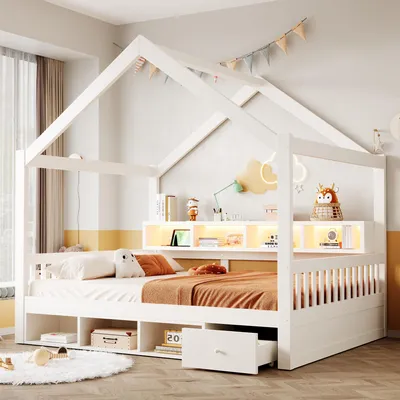 Produktbild von Flieks Holzbett 140 x 200 cm mit Dachrahmen und Sicherheitsgitter, Doppelbett mit Schubladen, Flachbett mit Lichtleiste und Steckdose, Weiß, Holz