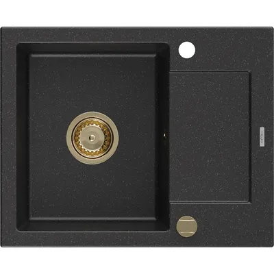 Obrázek produktu pro Mexen Enzo 1-miskový granitový dřez s odkapávačem 576 x 465 mm, Černá/Stříbrná kovová, sifon Zlatá - 6506571005-73-G