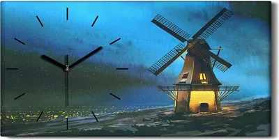 Produktbild von Wanduhr Uhr Wandbild Leinwand Quarz 60x30 Nacht Landschafts mit der Windmühle - schwarze Hände