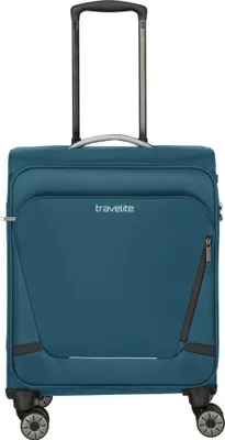 A teal Travelite trolley suitcase with a retractable handle and wheels, shown from the front.
