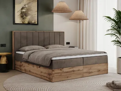 Produktbild von MKS MEBLE Boxspringbett 180x200 mit Bettkasten Eiche, Polsterbett 180x200 mit Matratze H3, Bett 180x200 mit Kopfteil, Bett mit Holzrahmen in Wotan Eiche - Braun Velvet - Bellissimo