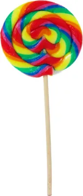 A single rainbow-colored spiral lollipop on a wooden stick against a white background.