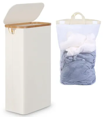 Immagine prodotto di Cesto per la biancheria, stretto, 63 litri, beige, pieghevole, con coperchio e sacco removibile