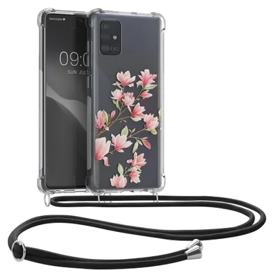 Produktbild von kwmobile Necklace Case kompatibel mit Samsung Galaxy A71 Hülle - Silikon Cover mit Handykette - Rosa Weiß Transparent Magnolien