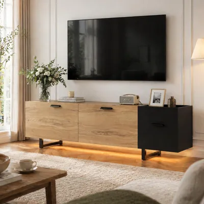 Produktbild von Lowboard / TV‑Schrank / TV‑Lowboard mit offenen Fächern, für Wohnzimmer, Medienbereiche, KI-generiertes Bild