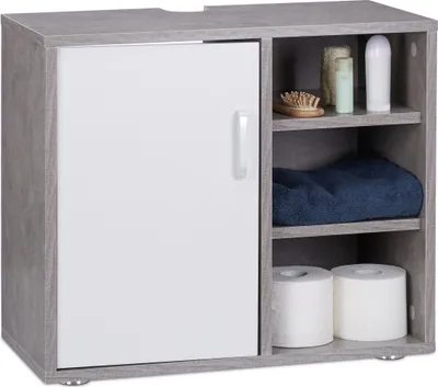 Produktbild von Relaxdays Waschbeckenunterschrank, eintürig, Badschrank, Aussparung, 3 Ablagen, Unterstellschrank 51x60x32cm, Betonoptik