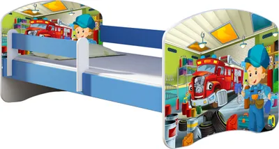 Produktbild von ACMA Jugendbett Kinderbett Junior-Bett Komplett-Set mit Matratze Lattenrost und Rausfallschutz Blau 45 Mechaniker 140x70