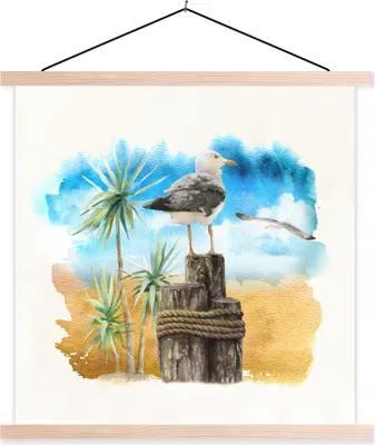 Produktbild von MuchoWow® Textilposter Vogel - Baum - Strand - Aquarell 120x120 cm mit holzfarbenen Rahmen - Textil-Poster