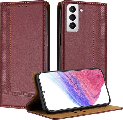Produktbild von Handyhülle für Samsung Galaxy S21+ 5G Leder Flip Klappbare Schutzhülle mit Standfunktion Dunkelrot