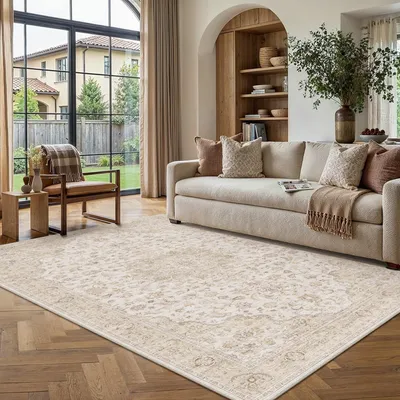 Immagine prodotto di Elzusha - Tappeto vintage color beige, lavabile e antiscivolo