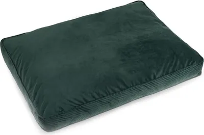 A dark green velvet dog bed is shown against a white background.