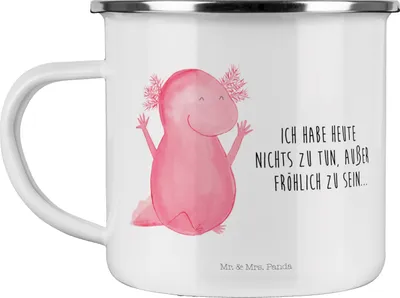 Produktbild von Mr. & Mrs. Panda Teebecher Axolotl Hurra - Weiß - Geschenk, Zufriedenheit, Pott, Kaffeepott, Lurch, Teetasse, Motivation, Emaille Tasse, becher