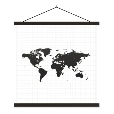 Produktbild von MuchoWow® Textilposter Weltkarte - Einfach - Schwarz und weiß 60x60 cm mit schwarzem Rahmen - Posteraufhänger
