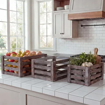 Three wooden crates filled with produce and herbs on a kitchen counter.