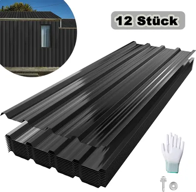 A stack of black corrugated metal roofing sheets is shown, with a circular inset image of a black building with a window, also clad in similar material.