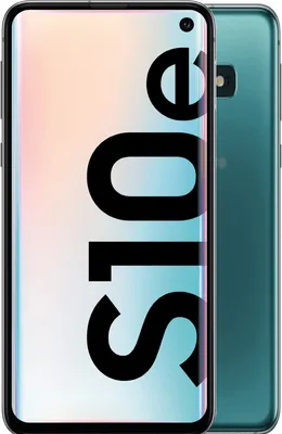 A Samsung Galaxy S10e smartphone is shown from the front and back, with the word "S10e" prominently displayed on the screen.