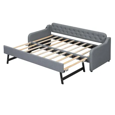 Produktbild von Schlafsofa mit Bettfunktion, 90x200cm/180x200cm, USB Anschlüssen, Gästebett, Liegefläche erweiterbar, Polsterbett, Jugendbett, Leinen