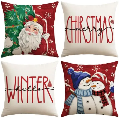 Immagine prodotto di Set di 4 federe decorative a tema natalizio: Babbo Natale e pupazzo di neve, dimensioni 40x40 cm, colore rosso, materiale: poliestere e lino