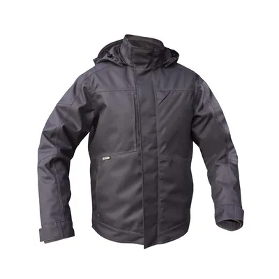 A studio shot of a dark gray winter jacket against a white background.