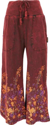 Produktbild von Palazzohose, Boho Baumwollhose, Hippiehose mit Blüten, Schlaghose - Weinrot, Damen, Baumwolle, Größe: M