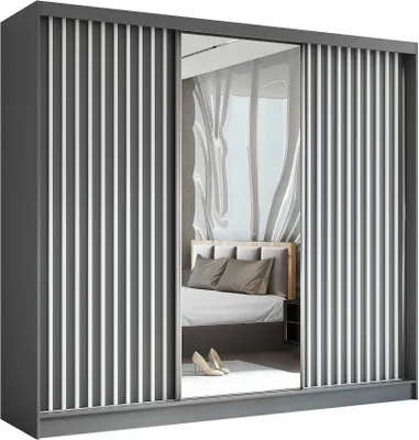 Produktbild von AGMAT Schwebetürenschrank Nevada, Kleiderschrank mit Spiegel und 3 Türen, Moderne Garderobe in Farbe: Graphit, Schrank in Größe: 240 x 216 x 61 cm