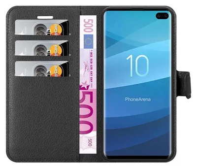A black leather wallet-style phone case with credit cards and a banknote inserted, alongside a smartphone displaying a blue wallpaper.
