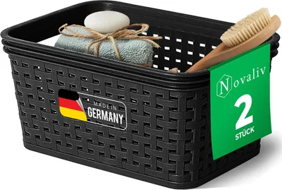 Produktbild von Novaliv 2 Stück Eleganter Aufbewahrungskorb in Rattan-Optik | Schwarz Kunststoff 2L – Perfekt für Bad & Kleidungsaufbewahrung. Aufbewahrungsbox Badezimmer Körbchen Bad Organizer Korb Ordnungsbox