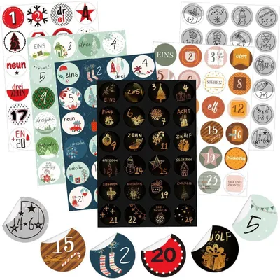 Productafbeelding van Adventskalender cijferstickers, set van 6, 24 ronde cijfers, diameter 40 mm