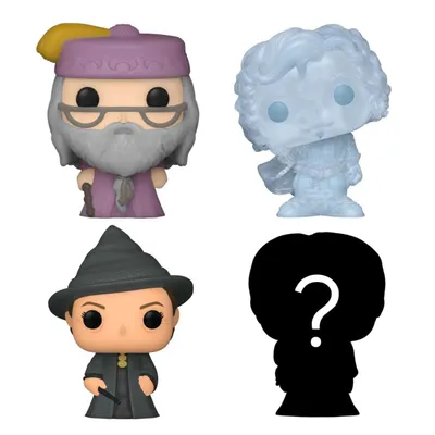 A collage of four Harry Potter themed Funko Pop figures. Three figures are visible, and one is a silhouette with a question mark.