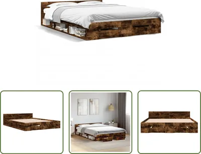 Produktbild von The Living Store Bettgestell mit Schubladen Räuchereiche 135x190cm Holzwerkstoff
