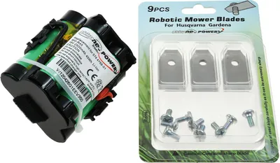 Produktbild von Powerakku für Mähroboter Gardena R70Li / R40Li / R45Li / R38Li inkl. 9x Ersatz Messer Klingen
