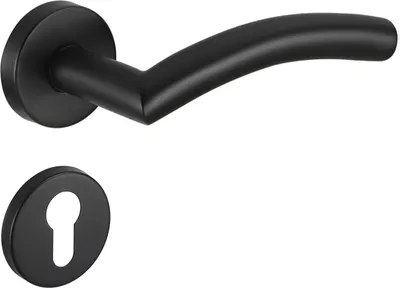 A black door handle set with a round escutcheon plate for a keyhole, shown against a white background.