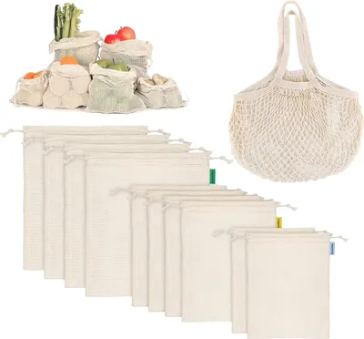Produktbild von Obst-und Gemüsebeutel 11er Set,Wiederverwendbare Einkaufstasche Baumwollbeutel Gemüsebeutel,Plastikfrei Einkaufsnetze Obst-Gemüsenetze Brotbeutel Waschbar (2*S,4*M, 4*L+1 Aufbewahrungstasche)