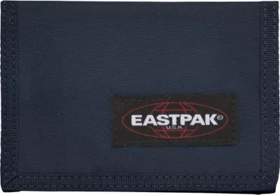 A close-up, front-facing view of a navy blue Eastpak wallet.