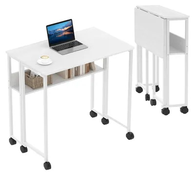 Obrázok produktu pre Šetriaci priestor – sklopný počítačový stôl, 63 cm – s kolieskami – s úložným priestorom – stôl na notebook – obdĺžnikový – biely
