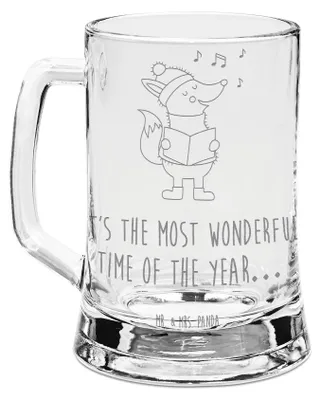 Produktbild von Mr. & Mrs. Panda Glas Bierkrug Fuchs Sänger - Transparent - Geschenk, Krug, Seidel, graviert, Glaskrug, Weihnachtslieder, Weihnachten, Füchse, Winter