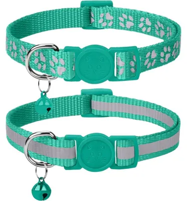 Productafbeelding van Reflecterende kattenhalsband met veiligheidssluiting en belletje, 2 stuks, turquoise, 15-20 cm