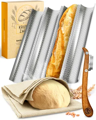 Produktbild von KRUSTENZAUBER Baguette Backform Antihaft inkl. Bäckerleinen u. Bäckermesser - 4er Baguette-Backblech - Ideal als Baguetteblech, Brotbackform