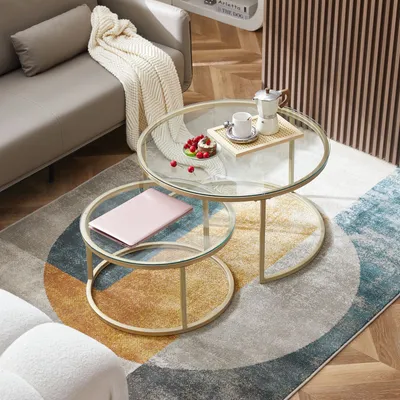 Produktbild von H.J WeDoo 2er Set Runder Couchtisch, Ø(80 +60) cm Wohnzimmertisch, Gold Gartentisch, Beistelltisch für Büro, Café, Wohnzimmer, Garten