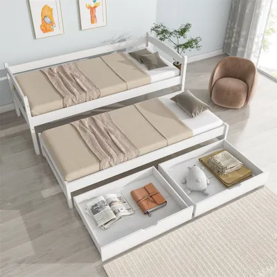 Produktbild von Tagesbett, Einzel- und Doppelbett, Schiebebett mit Rollen unten,    mit 2 MDF-  Schubladen, Massivholzrahmen, weiß