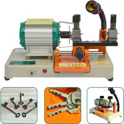 A collage of images showing a key cutting machine and various keys.