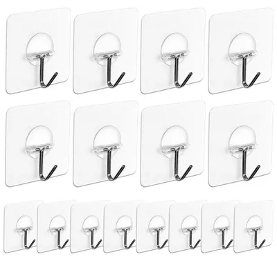 Produktbild von 16 transparente, selbstklebende Haken, Handtuchhaken, Wandhaken (7,2 cm x 7,2 cm) für Küche, Bad, Wand- und Deckenmontage, 10 kg