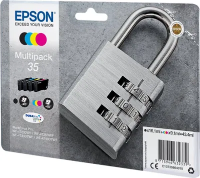 Produktbild von Epson Padlock 35 Vorhängeschloss DURABrite Ultra Multipack 4 Farben Tinte, Standardertrag, Schwarz, Cyan, Magenta, Gelb, Tinte auf Pigmentbasis, 16,1 ml, 9,1 ml, 1 Stück(e)