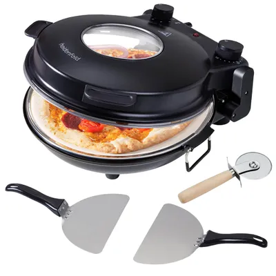 Produktbild von Heidenfeld Pizzaofen Napoli | Mobiler elektrischer Pizza Ofen - Bis 400°C - 1200 Watt - 135 mm großes Sichtfenster - Pizzastein - Timer