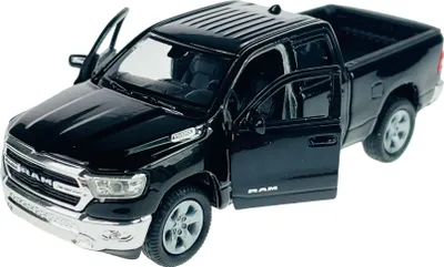 A black toy Dodge Ram 1500 pickup truck with its doors open, shown from a slightly elevated front-left angle against a white background.