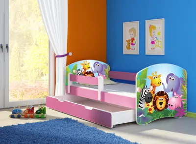 Produktbild von ACMA Jugendbett Kinderbett Junior-Bett Komplett-Set mit Matratze Lattenrost und Rausfallschutz Rosa 01 Zoo 140x70 + Bettkasten