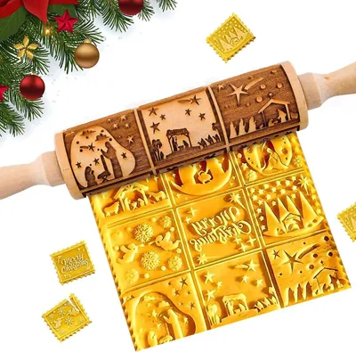 Image de Rouleau à pâtisserie gaufré de Noël 3D en bois pour enfants Flocons de neige & Elan - Accessoires de pâtisserie pour DIY cookies de Noël, biscuits, fondant, Jésus