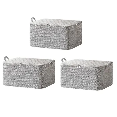 Three identical storage boxes are arranged in a staggered formation against a white background.
